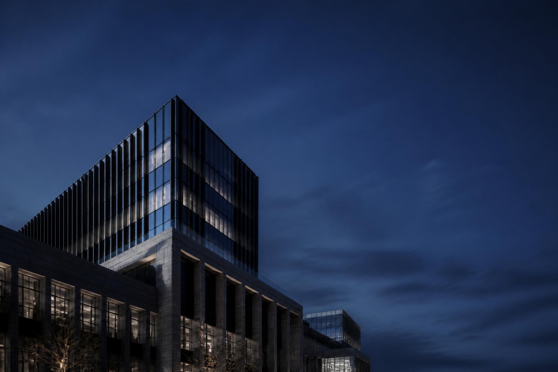 Contemporary Hauermayr headquarters at blue hour